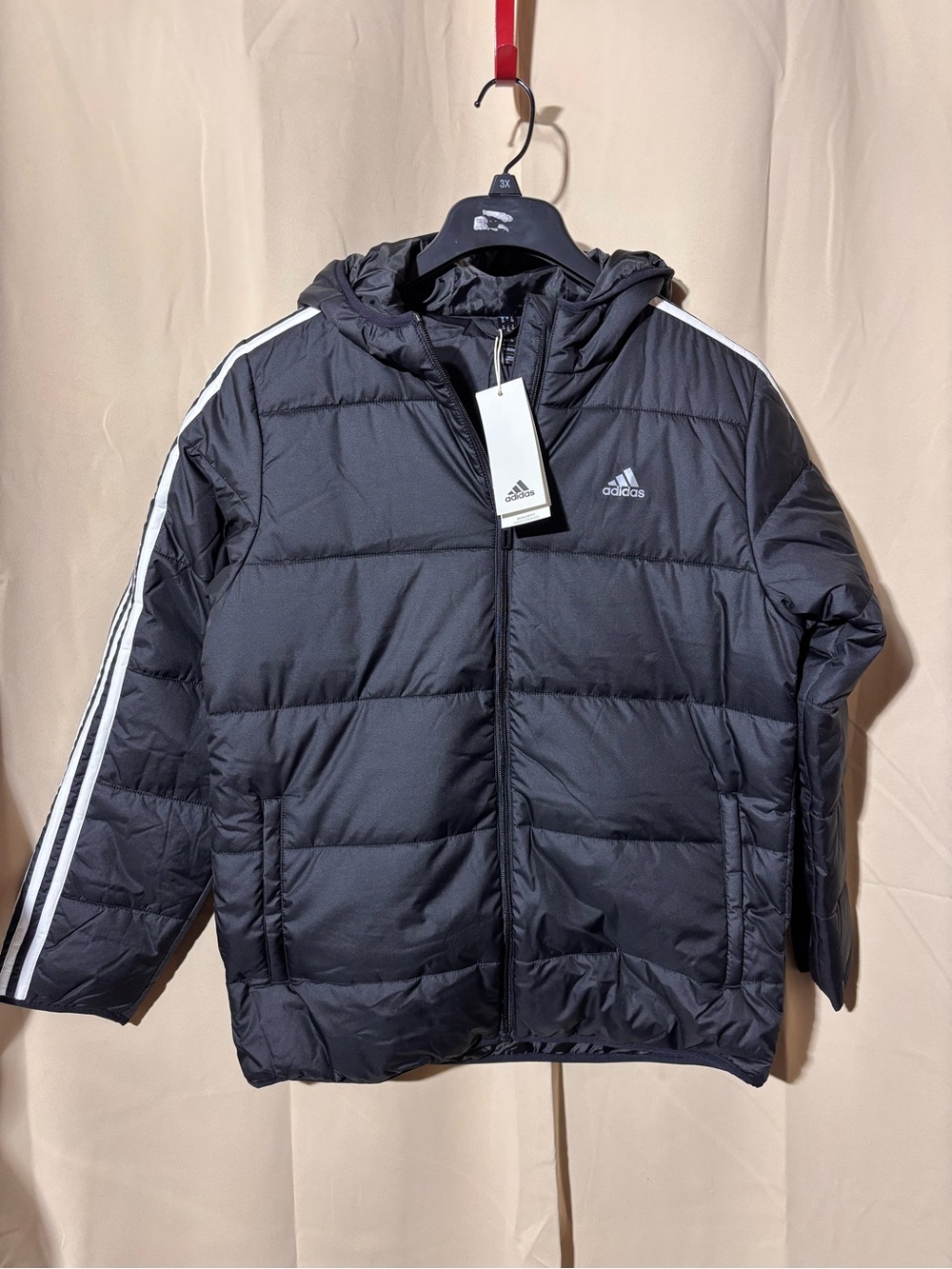 NWT adidas Essentials Black Hooded Puffer Jacket with White Stripes